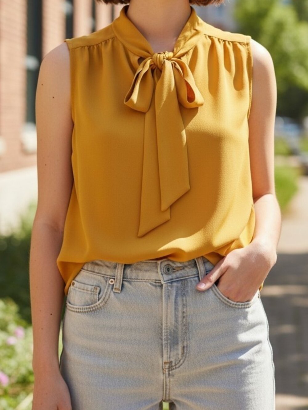 Sarah Candy Mustard Yellow Sleeveless Bow Tie Neck Sleeveless Blouse Top Size L